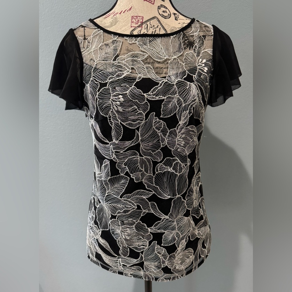 White House Black Market Black Blouse with White Floral Lace Overlay